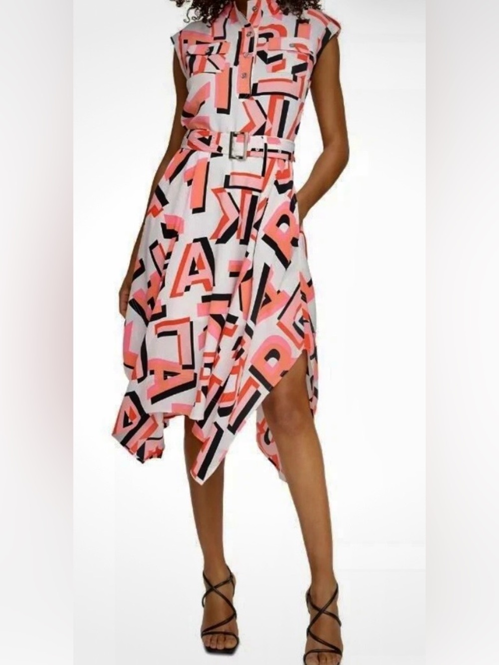 Karl Lagerfeld Pink Black White Geometric Midi Dress with Belt